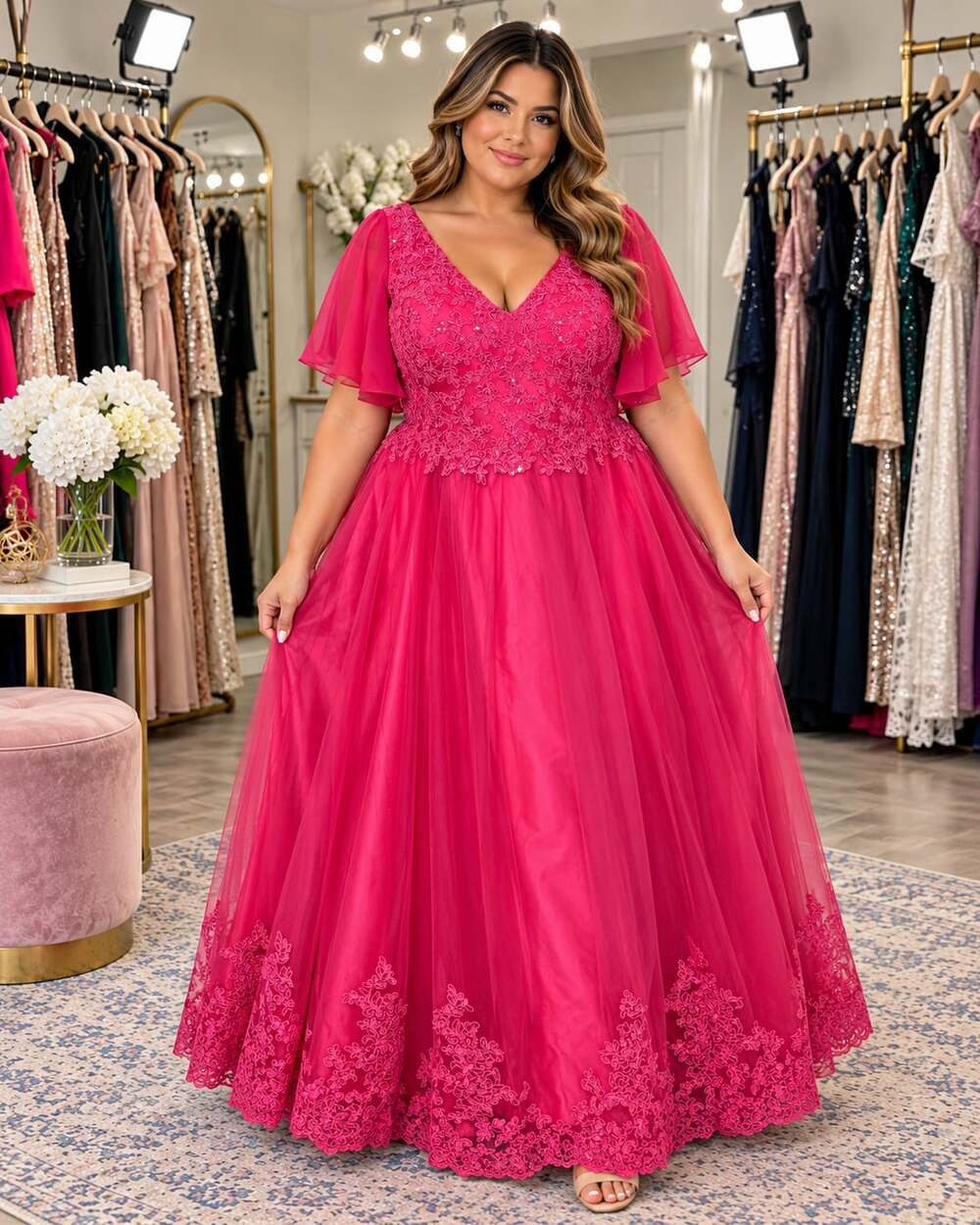 Wear Your Love Fuchsia Pink Lace Tulle Plus Size Prom Formal Evening Gown Size 2